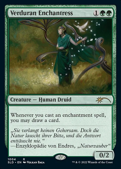 Verduran Enchantress, carta Magic di tipo Creature — Human Druid illustrata da Volkan Baǵa
