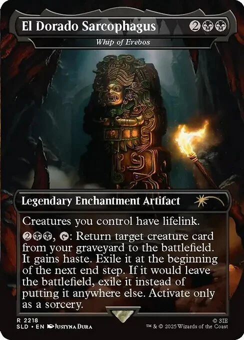 Whip of Erebos, carta Magic di tipo Legendary Enchantment Artifact illustrata da Justyna Dura