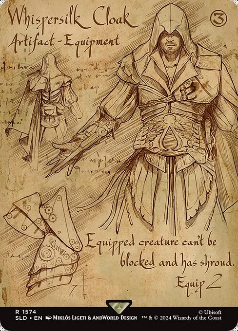 Whispersilk Cloak, carta Magic di tipo Artifact — Equipment illustrata da Miklós Ligeti & AndWorld Design
