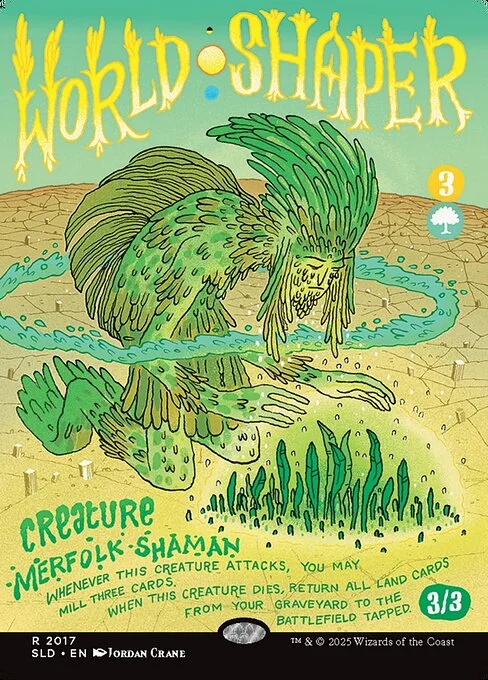 World Shaper, carta Magic di tipo Creature — Merfolk Shaman illustrata da Jordan Crane
