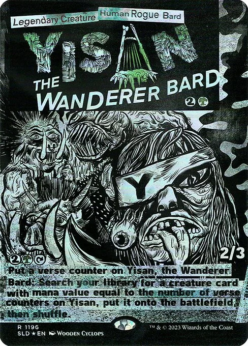 Yisan, the Wanderer Bard, carta Magic di tipo Legendary Creature — Human Rogue Bard illustrata da Wooden Cyclops