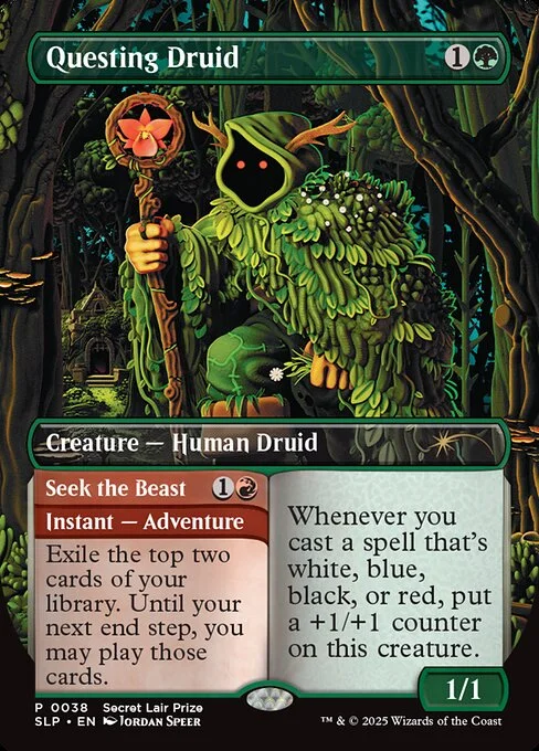 Questing Druid // Seek the Beast, carta Magic di tipo Creature — Human Druid // Instant — Adventure illustrata da Jordan Speer