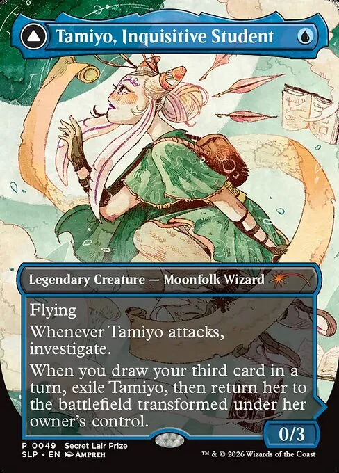 Tamiyo, Inquisitive Student // Tamiyo, Seasoned Scholar, carta Magic di tipo Legendary Creature — Moonfolk Wizard // Legendary Planeswalker — Tamiyo illustrata da Ampreh