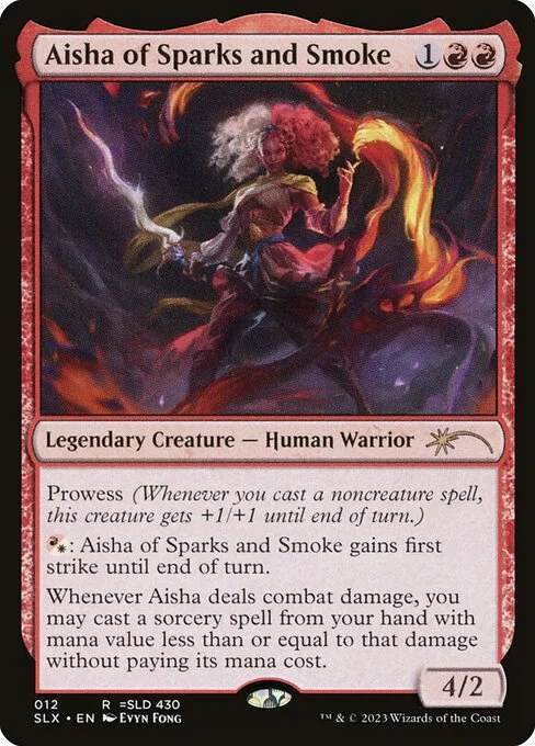 Aisha of Sparks and Smoke, carta Magic di tipo Legendary Creature — Human Warrior illustrata da Evyn Fong
