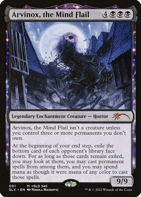 Arvinox, the Mind Flail, carta Magic di tipo Legendary Enchantment Creature — Horror illustrata da Nikola Matkovic