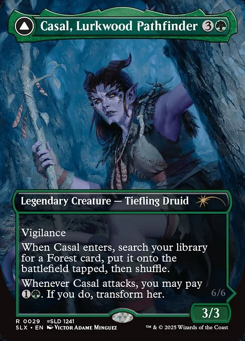 Casal, Lurkwood Pathfinder // Casal, Pathbreaker Owlbear, carta Magic di tipo Legendary Creature — Tiefling Druid // Legendary Creature — Bird Bear illustrata da Victor Adame Minguez