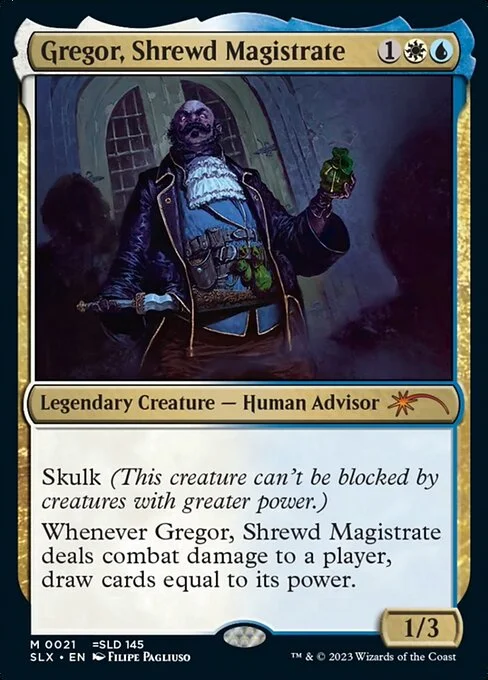 Gregor, Shrewd Magistrate, carta Magic di tipo Legendary Creature — Human Advisor illustrata da Filipe Pagliuso