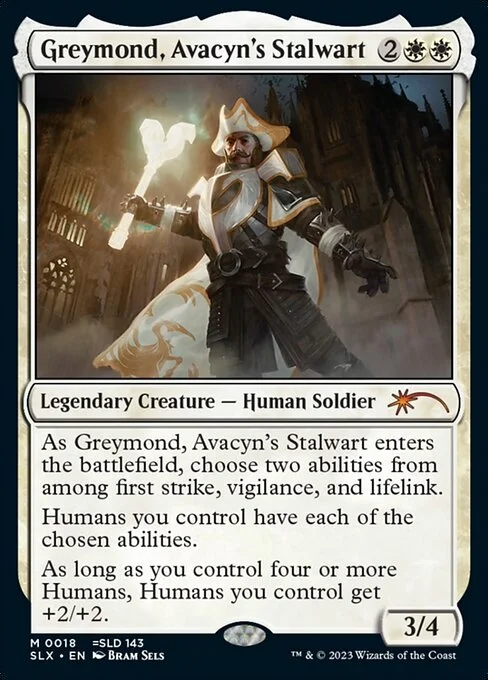 Greymond, Avacyn's Stalwart, carta Magic di tipo Legendary Creature — Human Soldier illustrata da Bram Sels