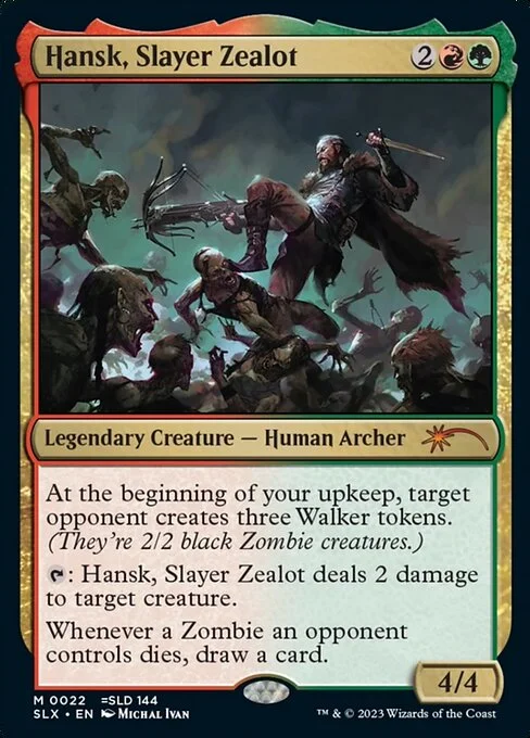 Hansk, Slayer Zealot, carta Magic di tipo Legendary Creature — Human Archer illustrata da Michal Ivan