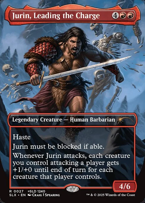 Jurin, Leading the Charge, carta Magic di tipo Legendary Creature — Human Barbarian illustrata da Craig J Spearing