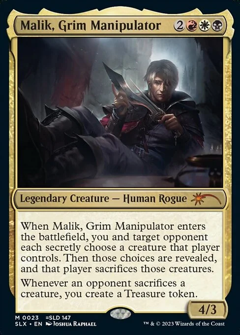 Malik, Grim Manipulator, carta Magic di tipo Legendary Creature — Human Rogue illustrata da Joshua Raphael