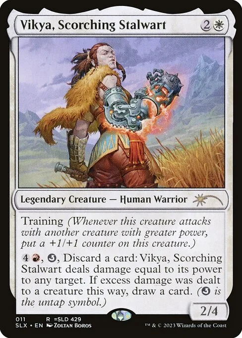 Vikya, Scorching Stalwart, carta Magic di tipo Legendary Creature — Human Warrior illustrata da Zoltan Boros