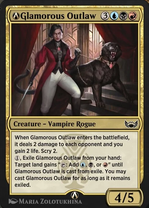 A-Glamorous Outlaw, carta Magic di tipo Creature — Vampire Rogue illustrata da Maria Zolotukhina