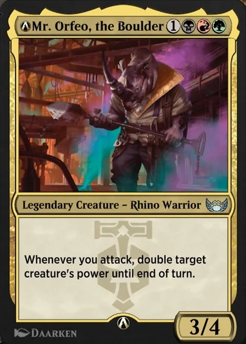 A-Mr. Orfeo, the Boulder, carta Magic di tipo Legendary Creature — Rhino Warrior illustrata da Daarken