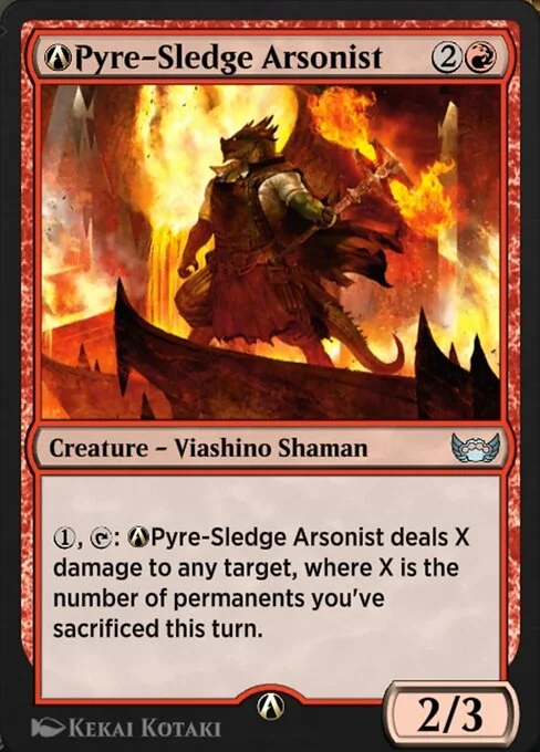A-Pyre-Sledge Arsonist, carta Magic di tipo Creature — Lizard Shaman illustrata da Kekai Kotaki