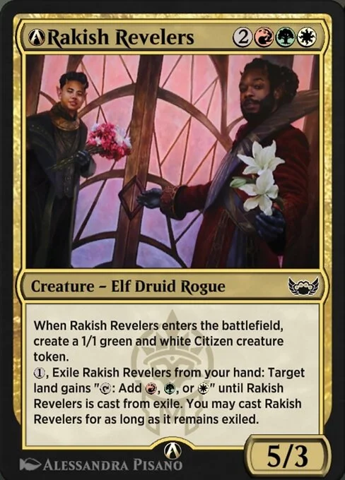A-Rakish Revelers, carta Magic di tipo Creature — Elf Druid Rogue illustrata da Alessandra Pisano