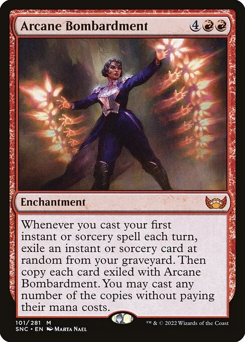 Arcane Bombardment, carta Magic di tipo Enchantment illustrata da Marta Nael