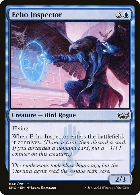 Echo Inspector, carta Magic di tipo Creature — Bird Rogue illustrata da Lucas Graciano