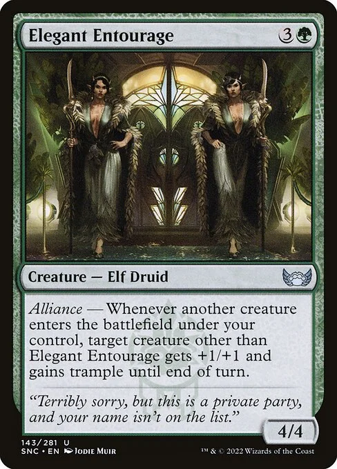 Elegant Entourage, carta Magic di tipo Creature — Elf Druid illustrata da Jodie Muir