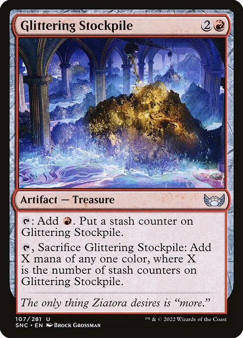 Glittering Stockpile, carta Magic di tipo Artifact — Treasure illustrata da Brock Grossman