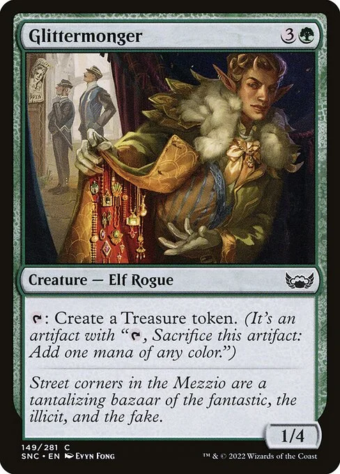 Glittermonger, carta Magic di tipo Creature — Elf Rogue illustrata da Evyn Fong