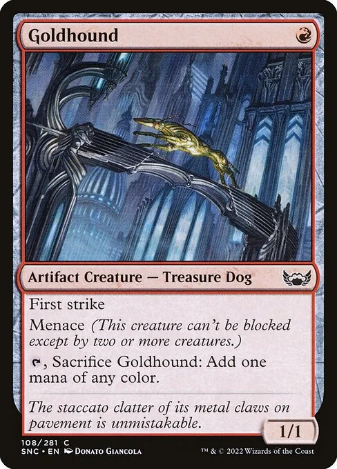 Goldhound, carta Magic di tipo Artifact Creature — Treasure Dog illustrata da Donato Giancola