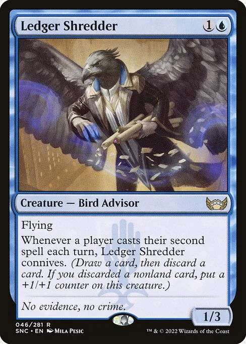 Ledger Shredder, carta Magic di tipo Creature — Bird Advisor illustrata da Mila Pesic