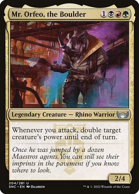 Mr. Orfeo, the Boulder, carta Magic di tipo Legendary Creature — Rhino Warrior illustrata da Daarken