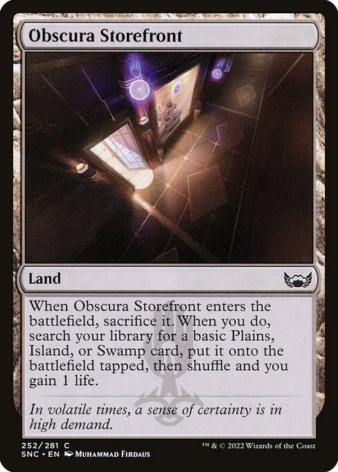 Obscura Storefront, carta Magic di tipo Land illustrata da Muhammad Firdaus