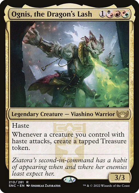 Ognis, the Dragon's Lash, carta Magic di tipo Legendary Creature — Lizard Warrior illustrata da Andreas Zafiratos