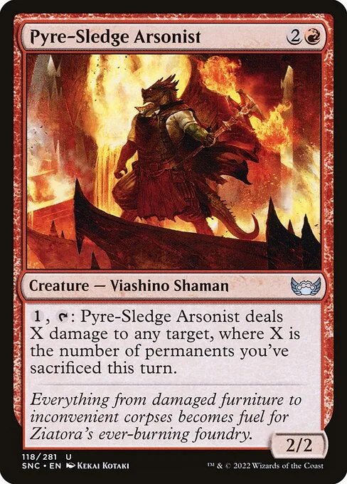 Pyre-Sledge Arsonist, carta Magic di tipo Creature — Lizard Shaman illustrata da Kekai Kotaki