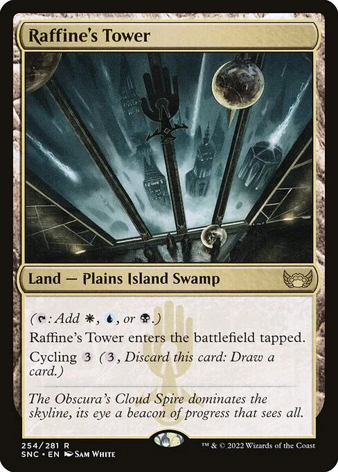 Raffine's Tower, carta Magic di tipo Land — Plains Island Swamp illustrata da Sam White