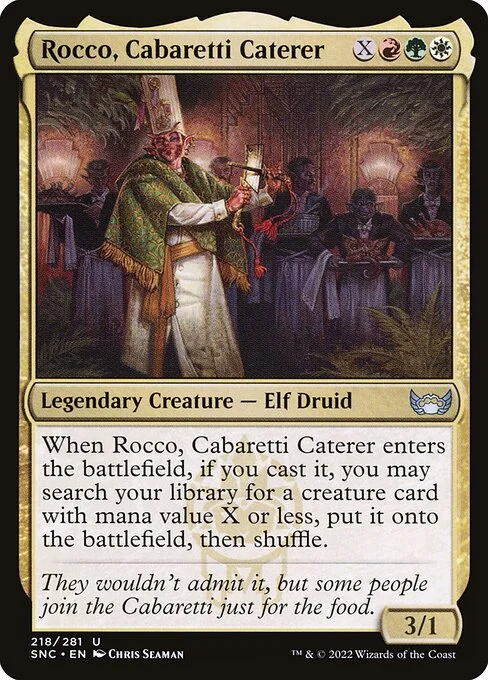 Rocco, Cabaretti Caterer, carta Magic di tipo Legendary Creature — Elf Druid illustrata da Chris Seaman