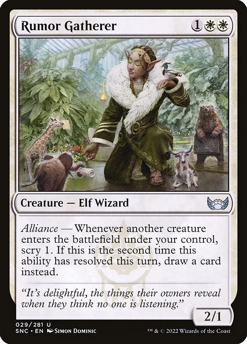 Rumor Gatherer, carta Magic di tipo Creature — Elf Wizard illustrata da Simon Dominic