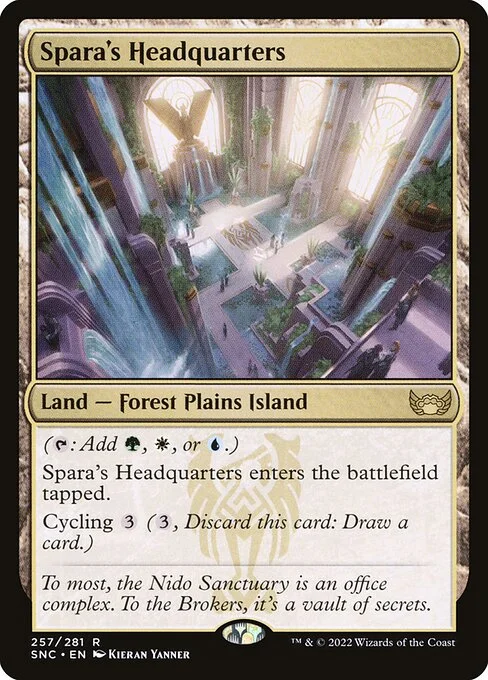 Spara's Headquarters, carta Magic di tipo Land — Forest Plains Island illustrata da Kieran Yanner