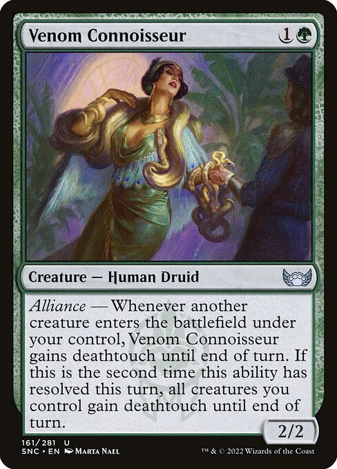 Venom Connoisseur, carta Magic di tipo Creature — Human Druid illustrata da Marta Nael