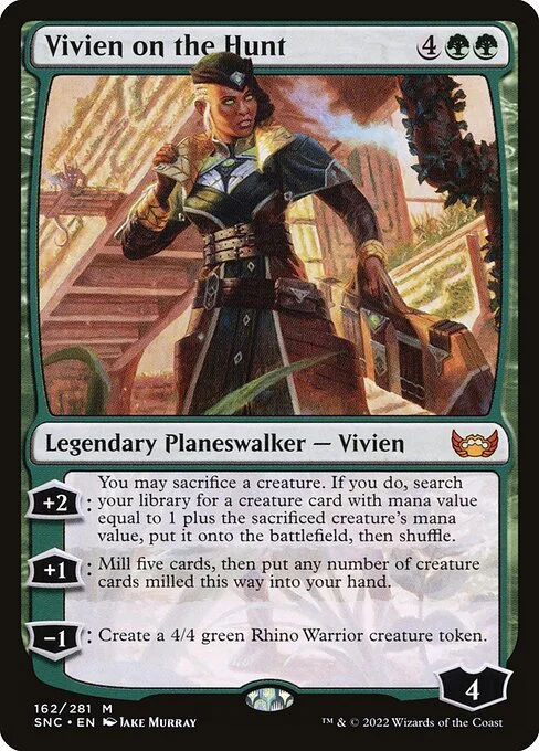 Vivien on the Hunt, carta Magic di tipo Legendary Planeswalker — Vivien illustrata da Jake Murray