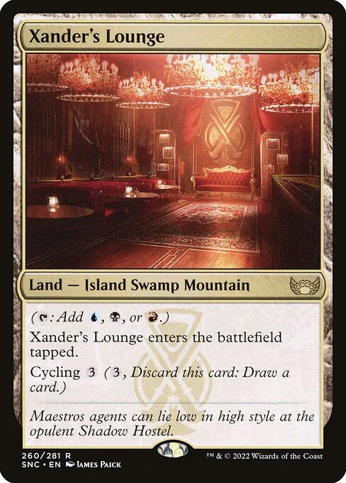 Xander's Lounge, carta Magic di tipo Land — Island Swamp Mountain illustrata da James Paick