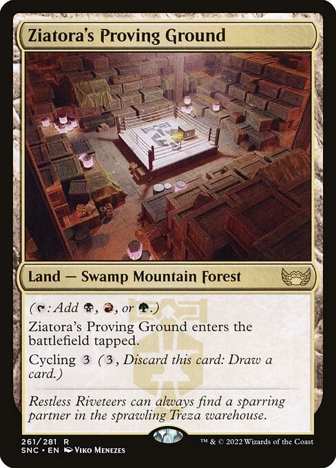 Ziatora's Proving Ground, carta Magic di tipo Land — Swamp Mountain Forest illustrata da Viko Menezes