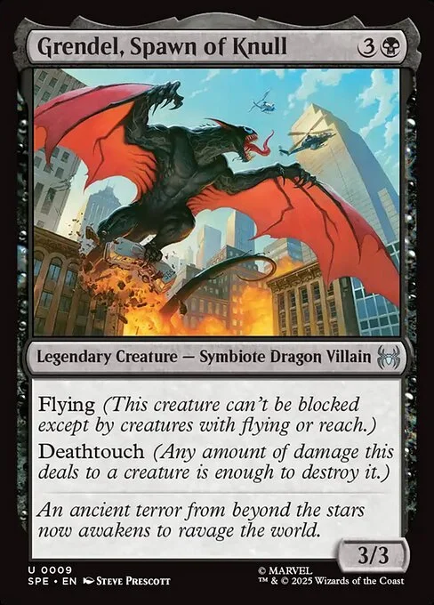 Grendel, Spawn of Knull, carta Magic di tipo Legendary Creature — Symbiote Dragon Villain illustrata da Steve Prescott