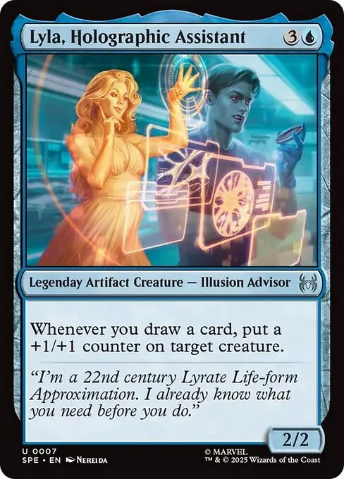Lyla, Holographic Assistant, carta Magic di tipo Legendary Artifact Creature — Illusion Advisor illustrata da Nereida