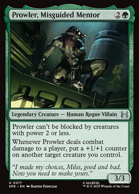 Prowler, Misguided Mentor, carta Magic di tipo Legendary Creature — Human Rogue Villain illustrata da Bartek Fedyczak