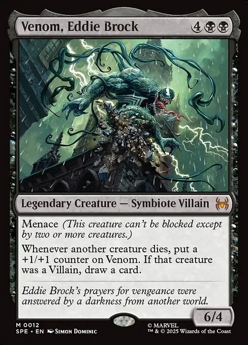 Venom, Eddie Brock, carta Magic di tipo Legendary Creature — Symbiote Villain illustrata da Simon Dominic