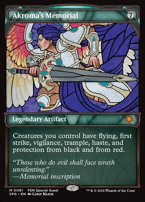 Akroma's Memorial, carta Magic di tipo Legendary Artifact illustrata da Carly Mazur