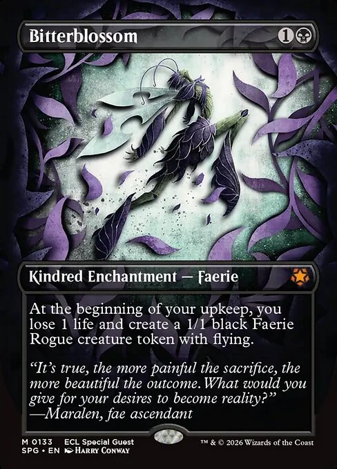 Bitterblossom, carta Magic di tipo Kindred Enchantment — Faerie illustrata da Harry Conway