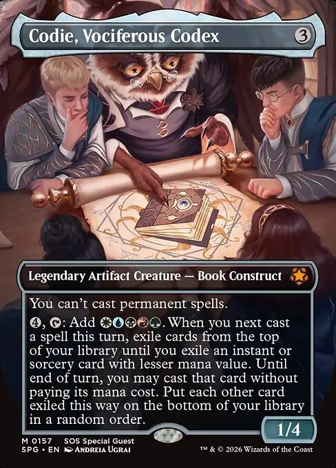 Codie, Vociferous Codex, carta Magic di tipo Legendary Artifact Creature — Book Construct illustrata da Andreia Ugrai