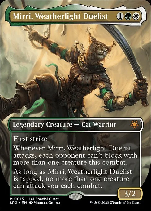 Mirri, Weatherlight Duelist, carta Magic di tipo Legendary Creature — Cat Warrior illustrata da Michele Giorgi