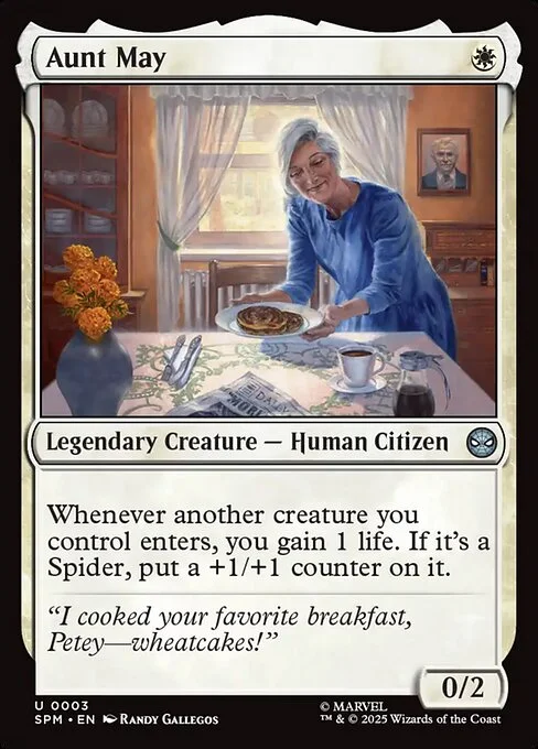 Aunt May, carta Magic di tipo Legendary Creature — Human Citizen illustrata da Randy Gallegos