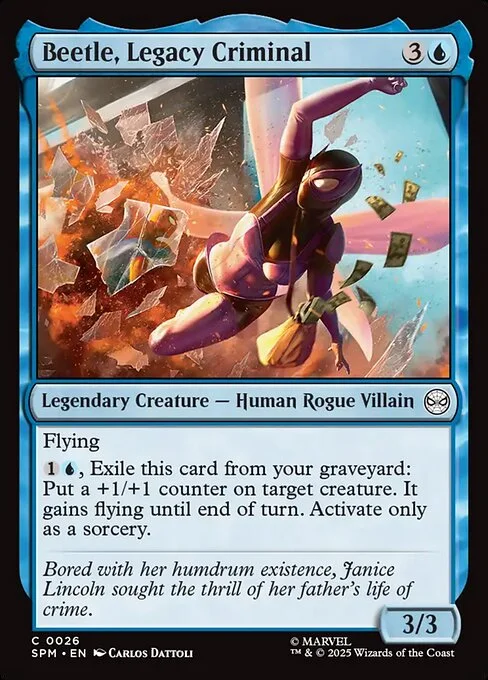 Beetle, Legacy Criminal, carta Magic di tipo Legendary Creature — Human Rogue Villain illustrata da Carlos Dattoli