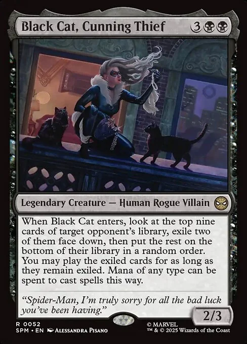 Black Cat, Cunning Thief, carta Magic di tipo Legendary Creature — Human Rogue Villain illustrata da Alessandra Pisano